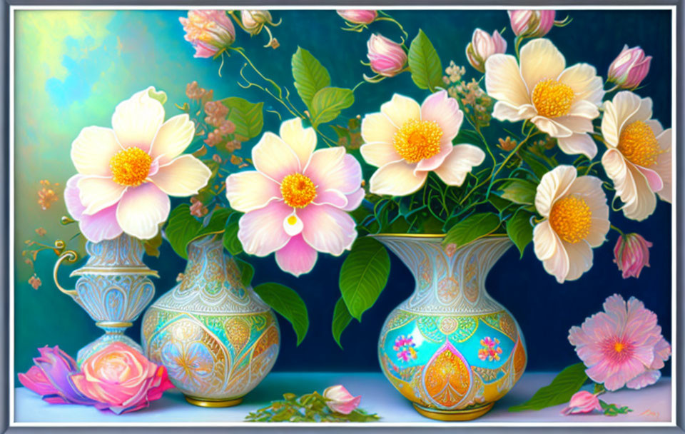 Colorful painting of pink and white flowers in blue vases on a vibrant blue background