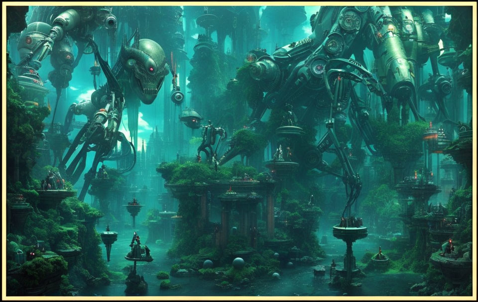 Dystopian cityscape with robotic structures and ruins in lush green setting