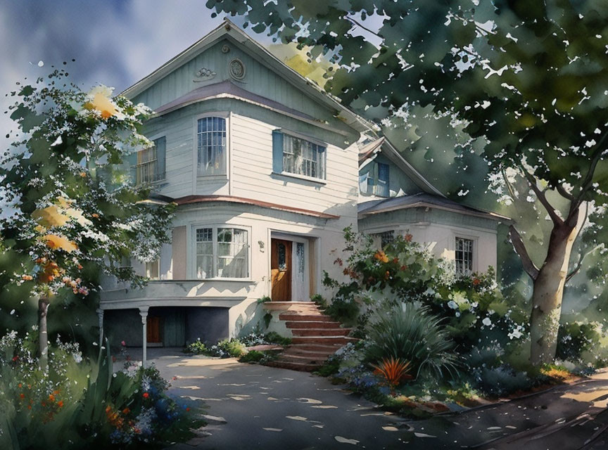 White Two-Story House Surrounded by Greenery and Flowers