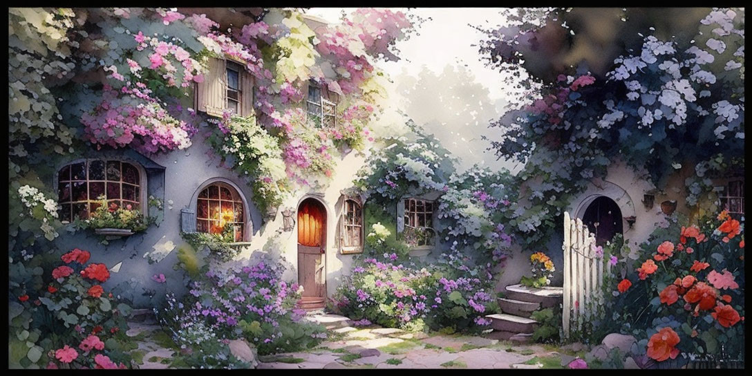 Charming cottage with colorful flowers, lit window, wooden door, and stone pathway