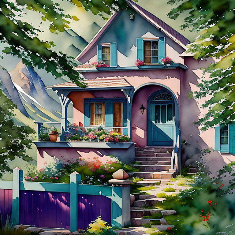 Purple House with Blue Door, Flowered Balcony, Greenery, and Mountain View