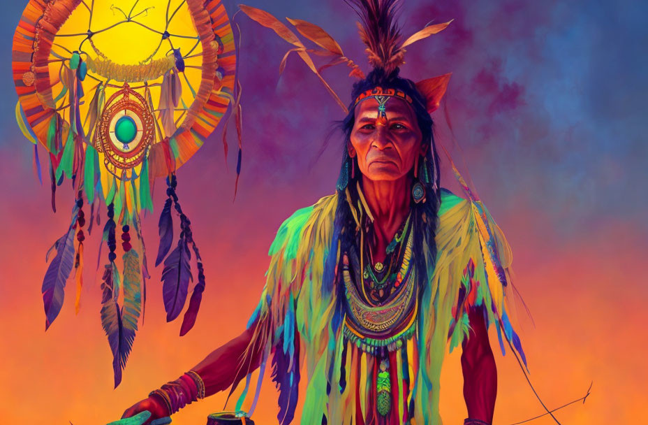 Vibrant Traditional Attire on Native American Man under Dreamcatcher