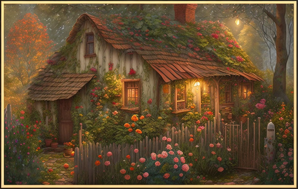 Charming cottage with greenery, flowers, warm light, and wooden fence