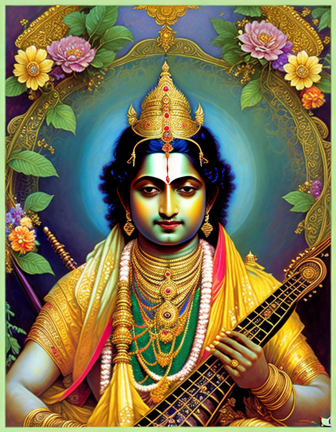 Vibrant deity portrait with serene expression and traditional attire.