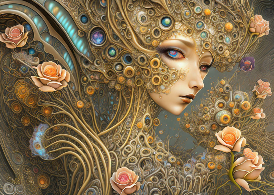 Fantastical digital art portrait of woman with gold filigree and roses, featuring hypnotic blue