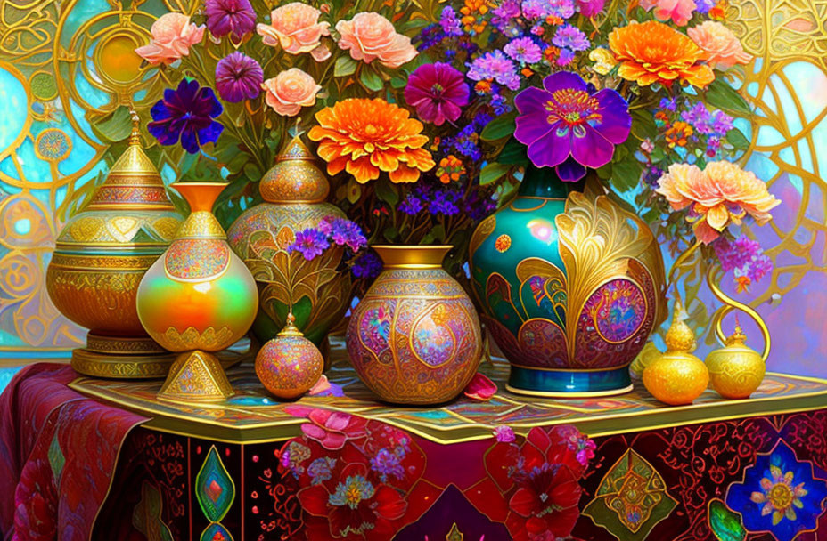 Colorful ornate vases and pottery with intricate patterns, set against lush flowers