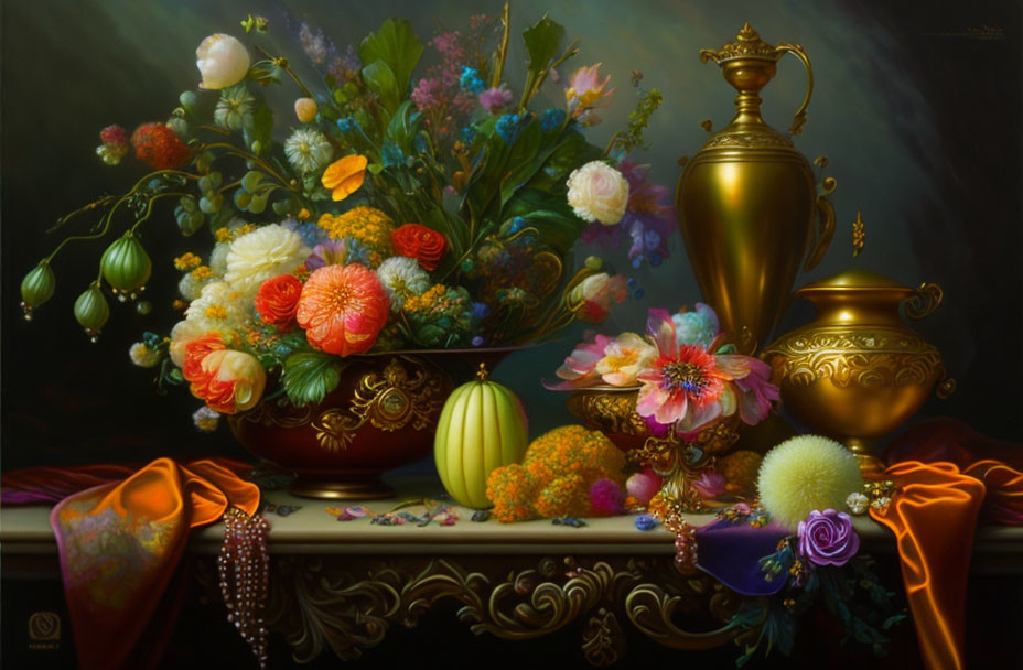 Opulent still life painting with vibrant flowers and golden vessels