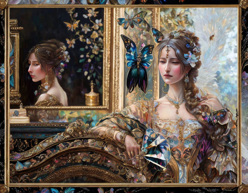 Detailed painting of woman with jewelry and butterfly in golden frame