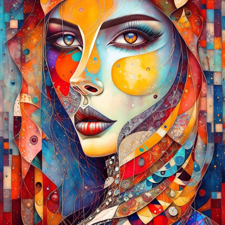 Vibrant portrait of a woman with abstract patterns and cosmic elements