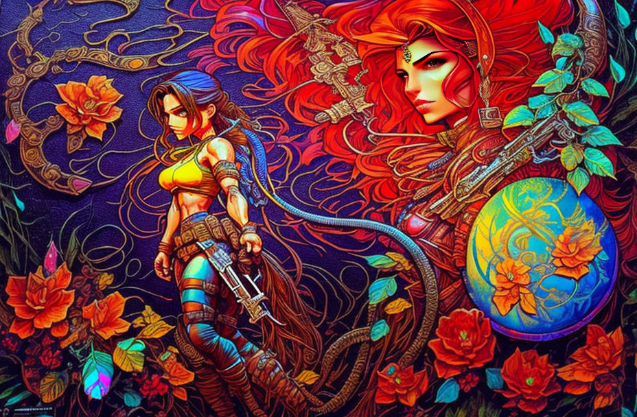 Fantasy Artwork: Two Female Characters with Elaborate Hairstyles and Serpentine Motifs