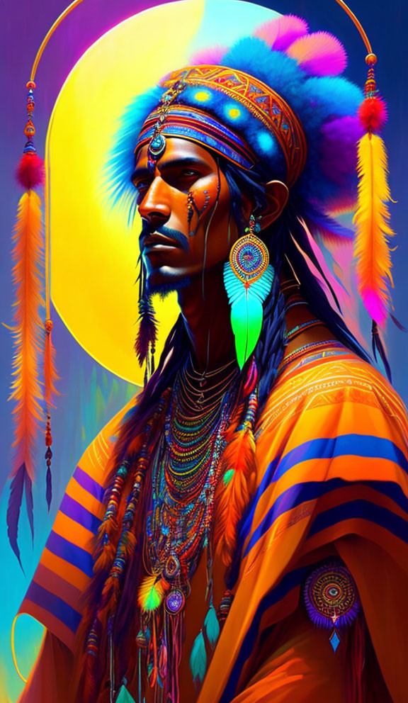 Vibrant Native American man in traditional attire on colorful backdrop