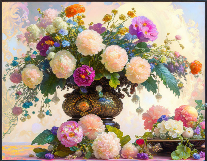 Colorful Floral Arrangement in Ornate Vase on Pastel Background