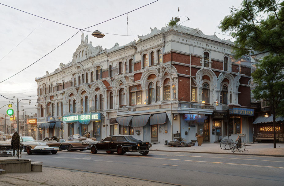 Historic ornate building with arches and sculptures on a street scene.