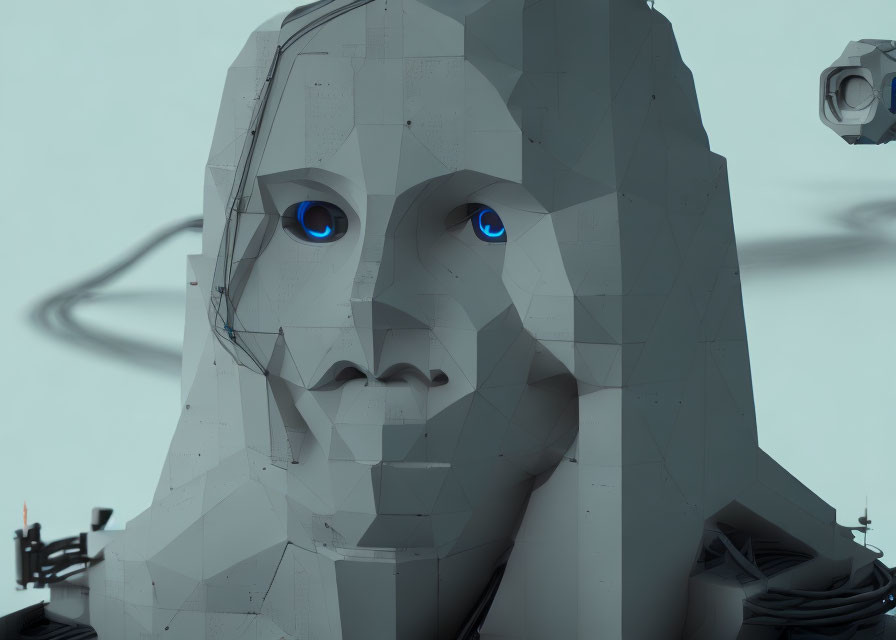 Large Polygonal Human Face Sculpture with Bright Blue Eyes in Futuristic Setting