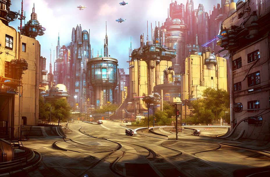 Futuristic cityscape with towering skyscrapers and flying vehicles