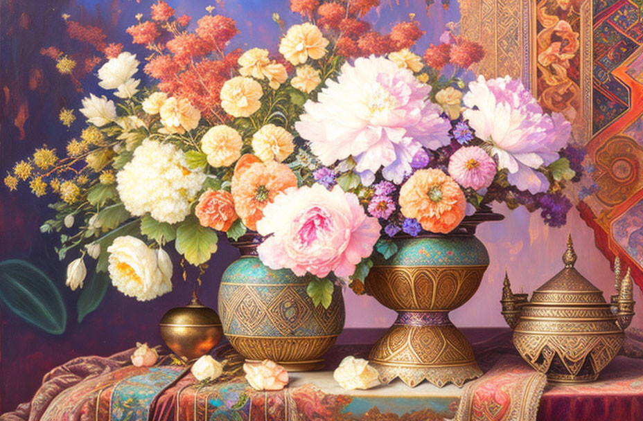 Colorful Flower Bouquet Still Life Painting with Ornate Vase and Textured Background