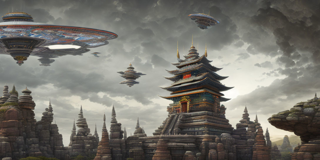 Ancient Pagoda Among Stone Pillars with Flying Saucers in Dramatic Sky