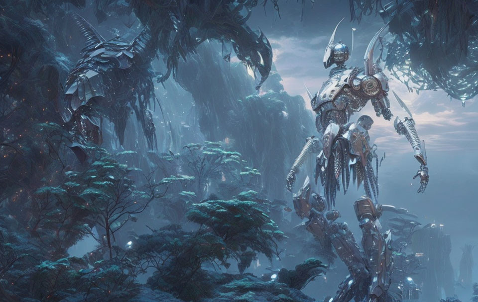 Giant robot in misty alien forest with lush trees