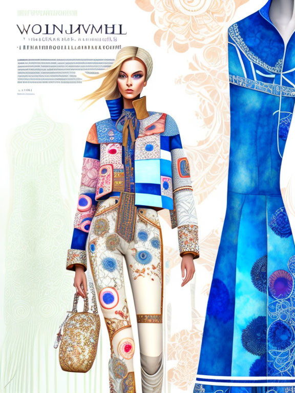 Colorful Patchwork Outfit Illustration with Patterned Bag and Blue Design