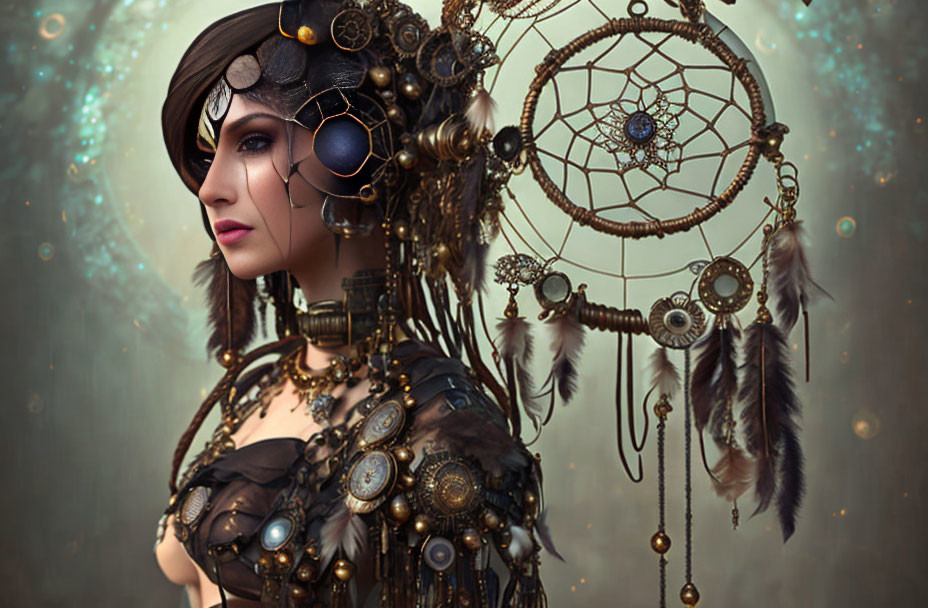 Steampunk-themed woman with elaborate headgear and mechanical costume details