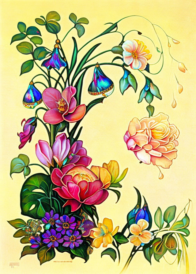 Colorful bouquet painting with pink, yellow, and purple flowers on yellow backdrop