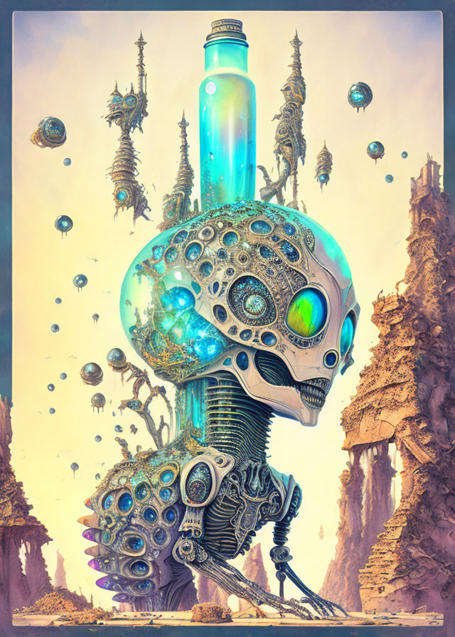 Futuristic skull with mechanical parts and blue vial on floating rocks under alien sky