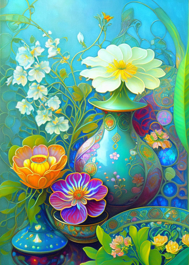 Colorful painting of blue vase with intricate patterns amid lush flowers on teal background