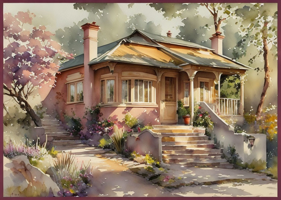 Quaint house with sloping roof and gardens in watercolor art