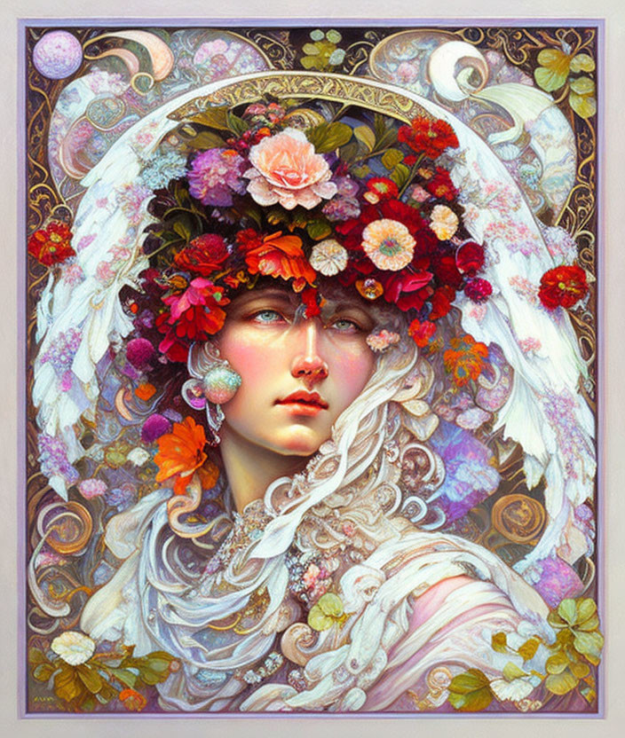 Detailed Art Nouveau-inspired woman portrait with floral headdress and fantasy motifs