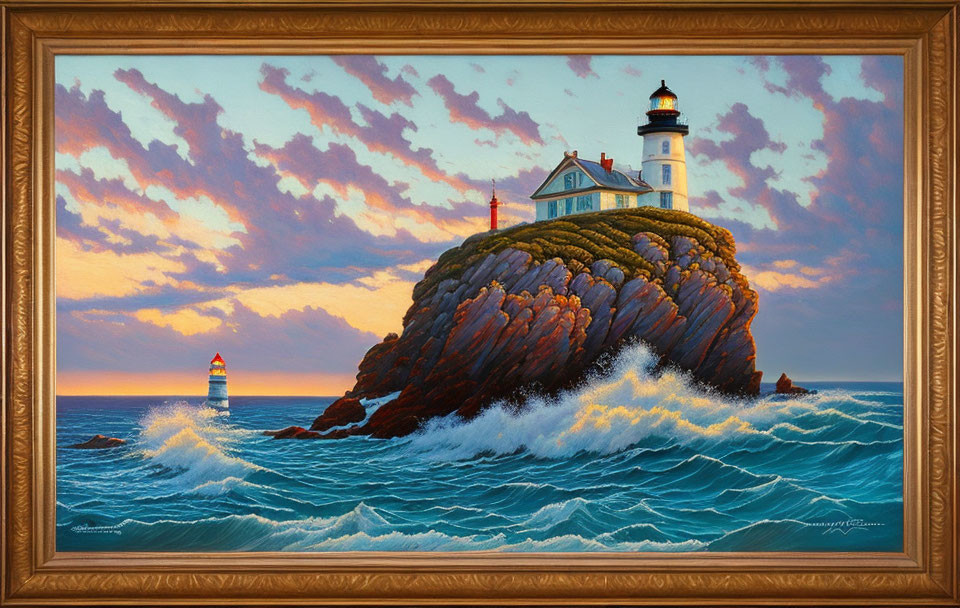 Framed seascape painting: Sunset, lighthouse on cliff, purple clouds