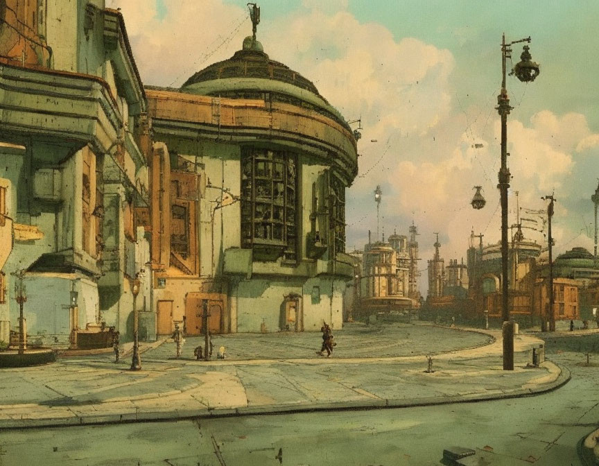 Vintage-style illustrated cityscape with neoclassical building, cobblestone streets, and lone figure