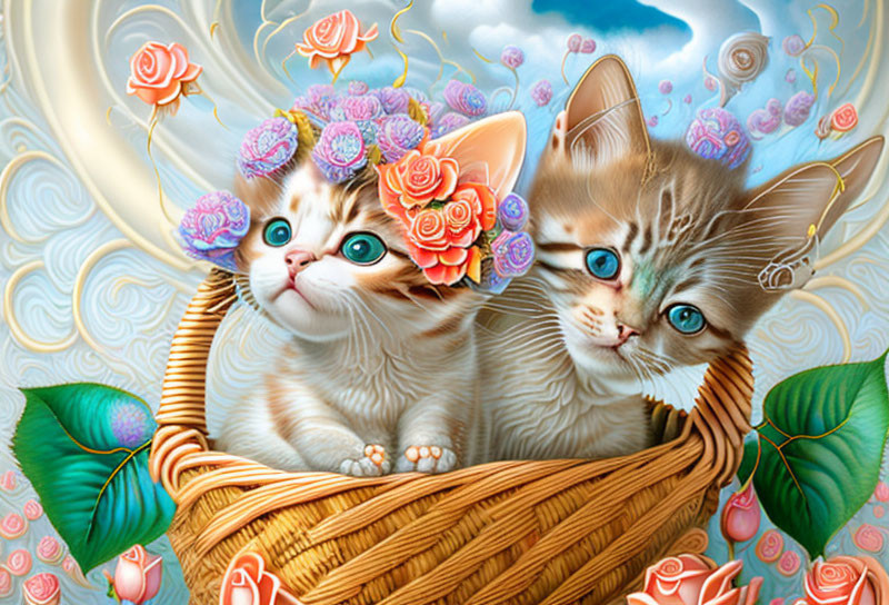 Two Kittens with Blue Eyes in Flowered Basket on Swirl Background