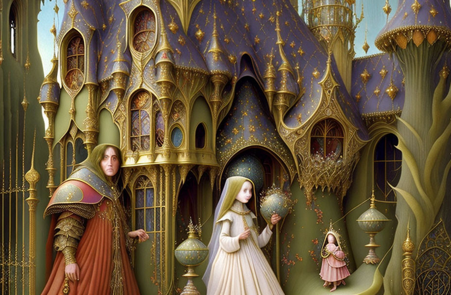 Medieval-themed fantasy illustration with ornate castle and star decorations