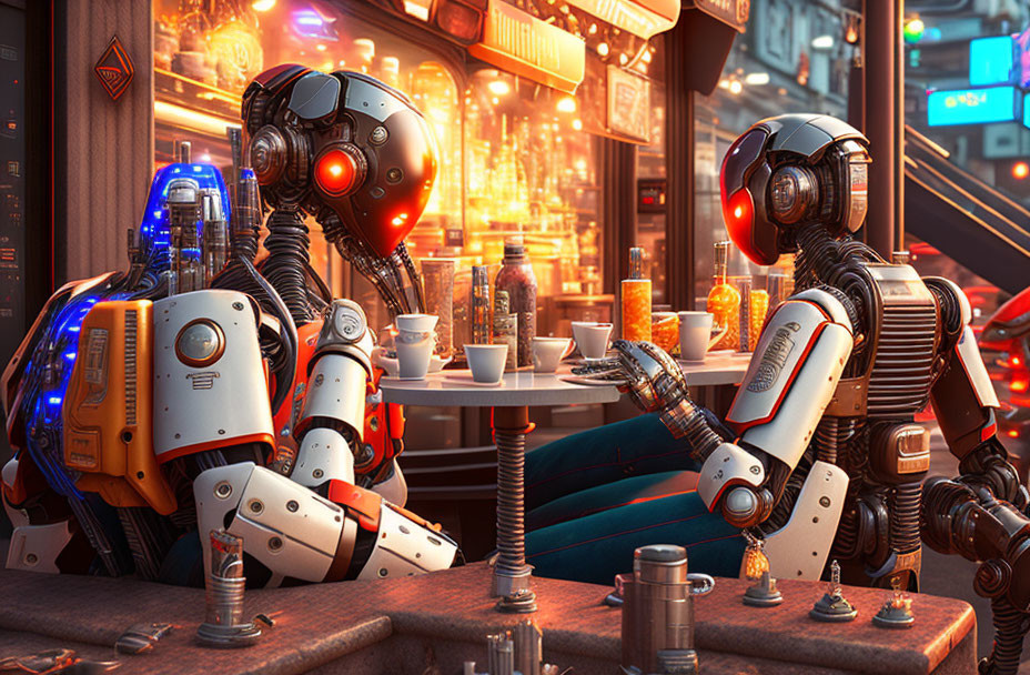 Robots at cafe table with neon city lights and items