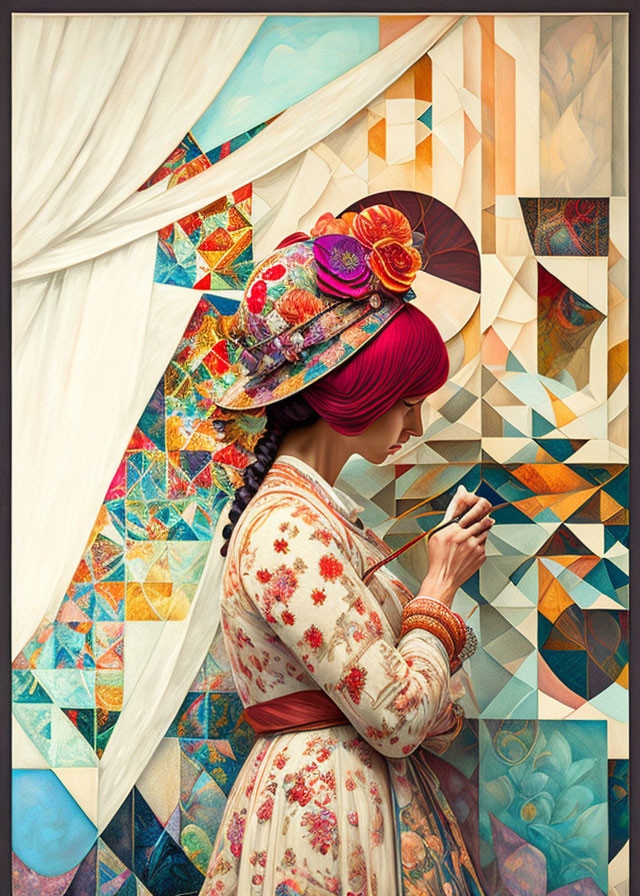 Magenta-haired woman in floral garment against geometric backdrop