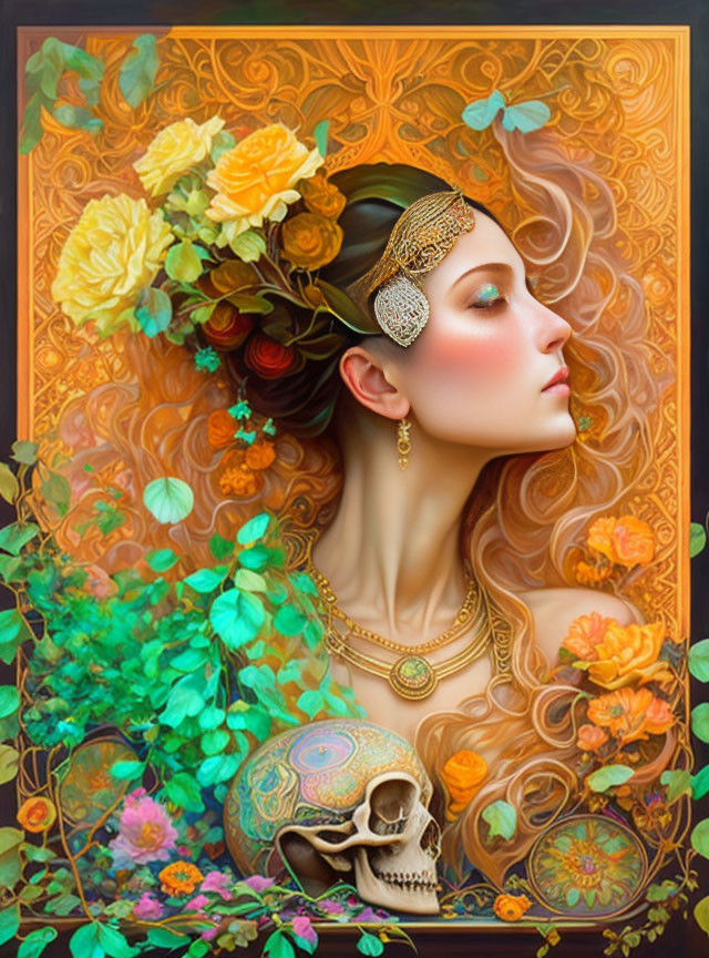 Woman adorned with golden jewelry in floral setting with skull, warm autumn tones