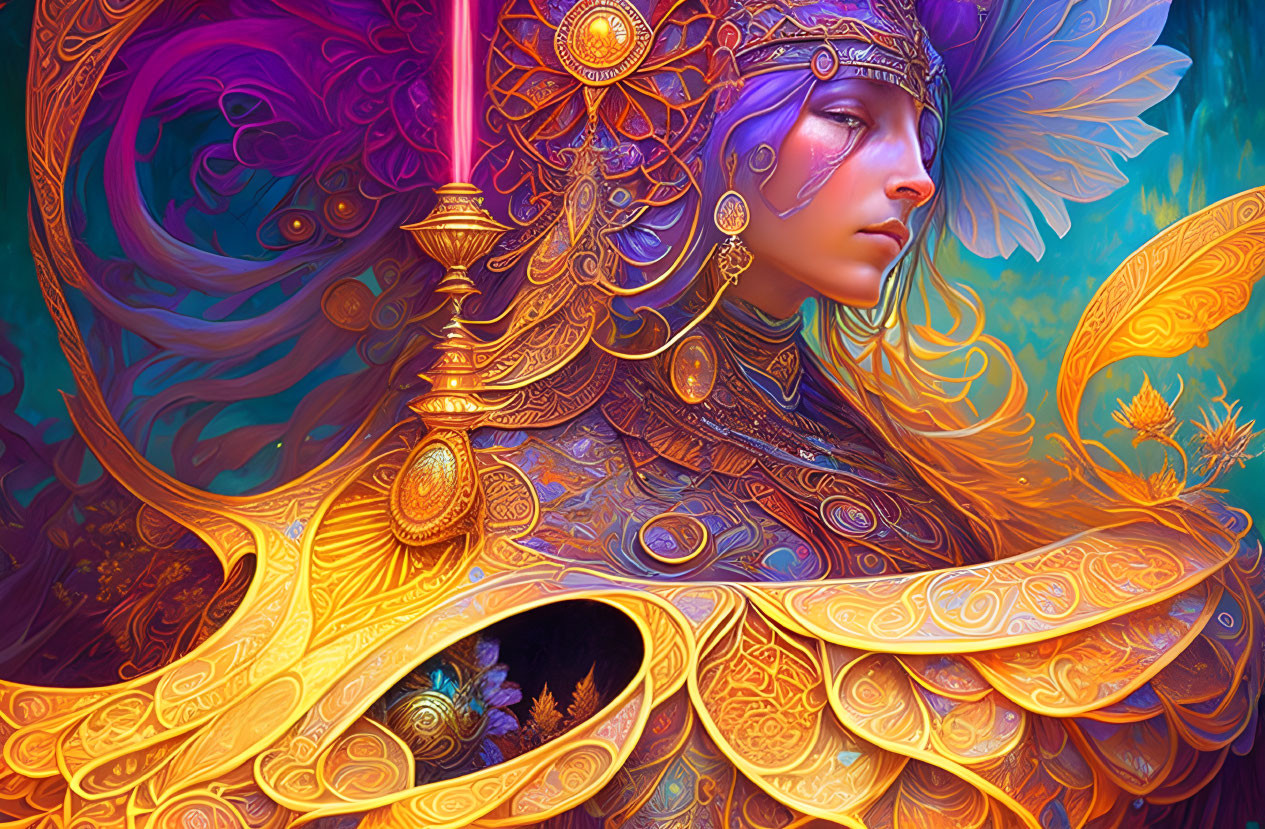 Colorful digital artwork: Woman in golden headdress and armor against fantastical backdrop