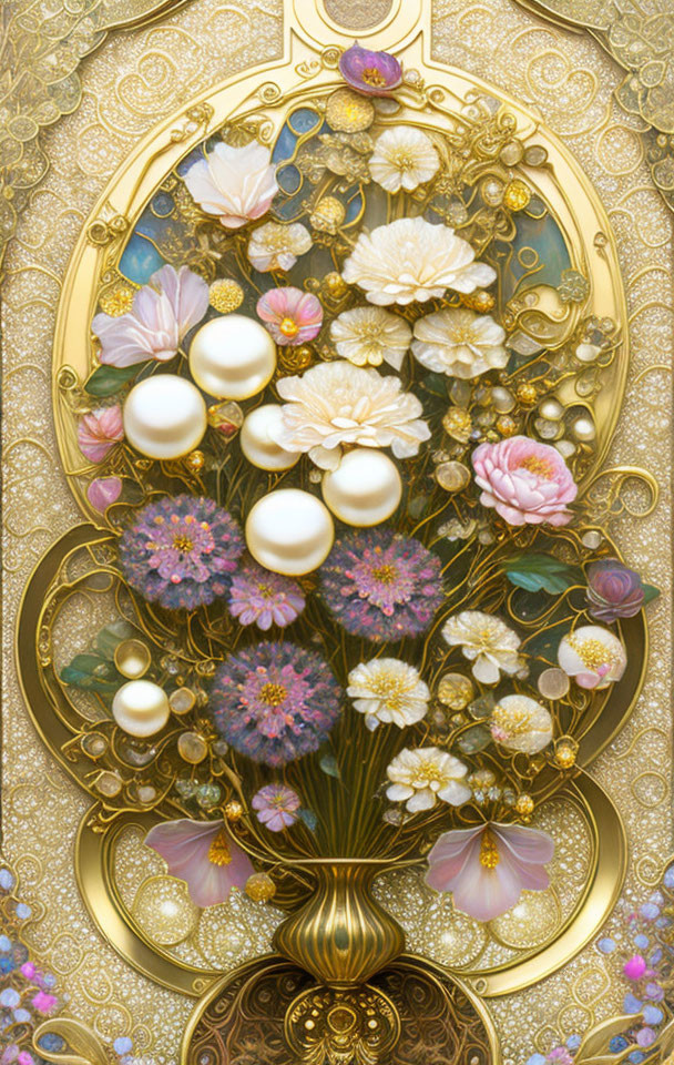 Golden-framed artwork of intricate vase with colorful flowers and pearls on textured background