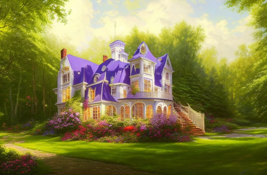 Victorian house with violet roof in lush greenery and flowers