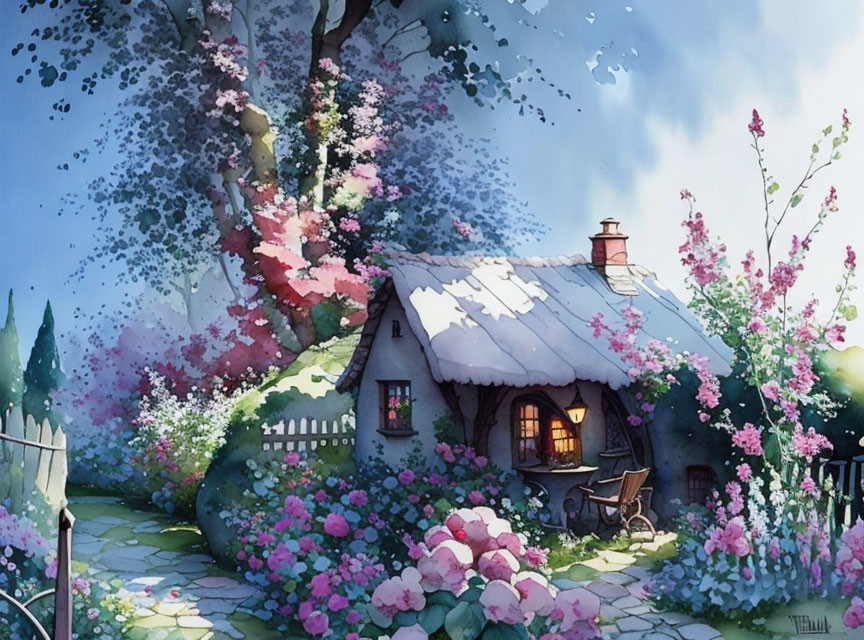 Thatched Roof Cottage Surrounded by Flowers and Trees