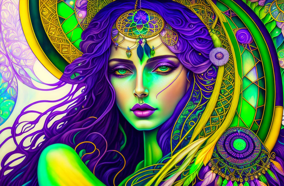 Colorful illustration: woman with purple hair, golden headdress, mandala designs