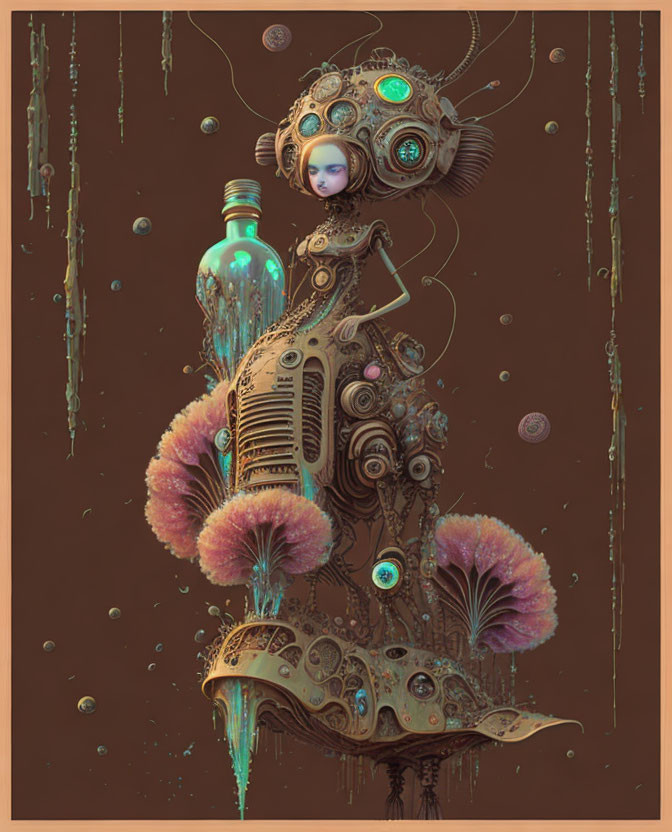 Surrealist image: Female figure with mechanical details, bronze hues, gear motifs, pink fan-like