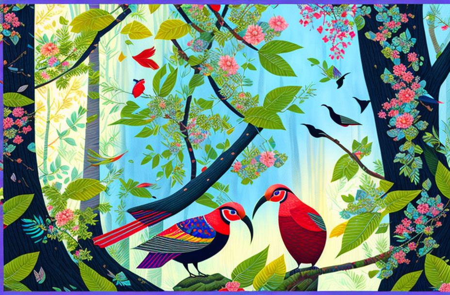 Vibrant forest scene with stylized birds and lush flora on blue background