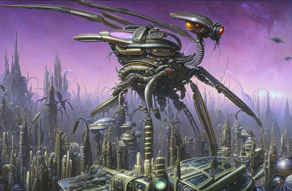 Futuristic dystopian landscape with towering spires and menacing robotic insect.