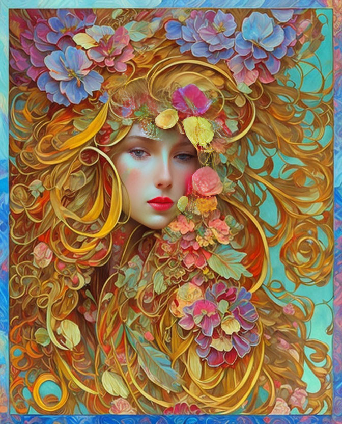 Colorful portrait of a woman with golden hair and flowers on blue background