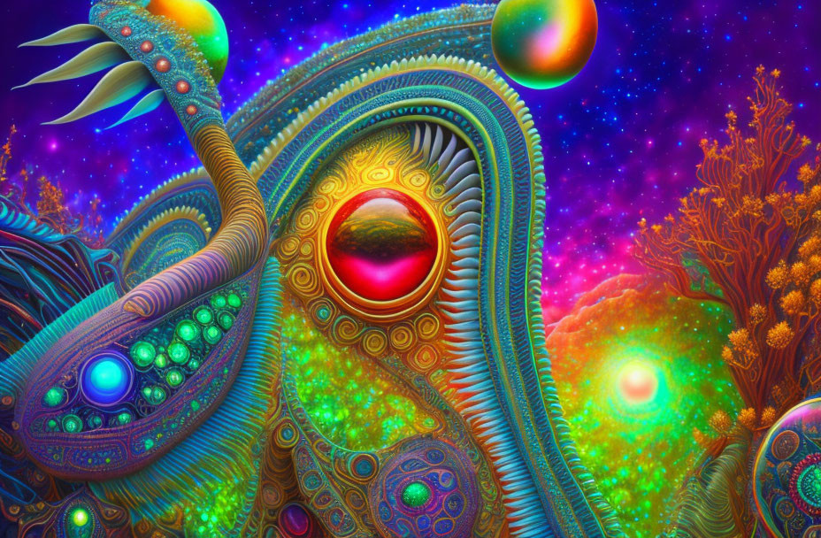 Colorful psychedelic art with eye motif and swirling patterns on starry backdrop