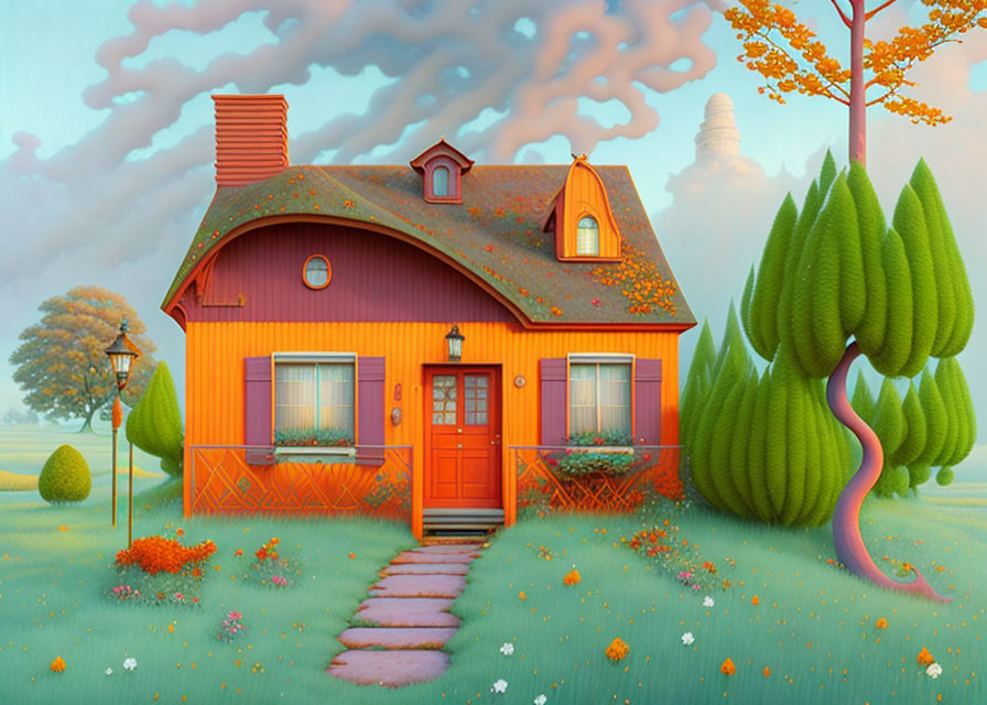 Colorful illustration of red house in nature setting with mountain and clouds