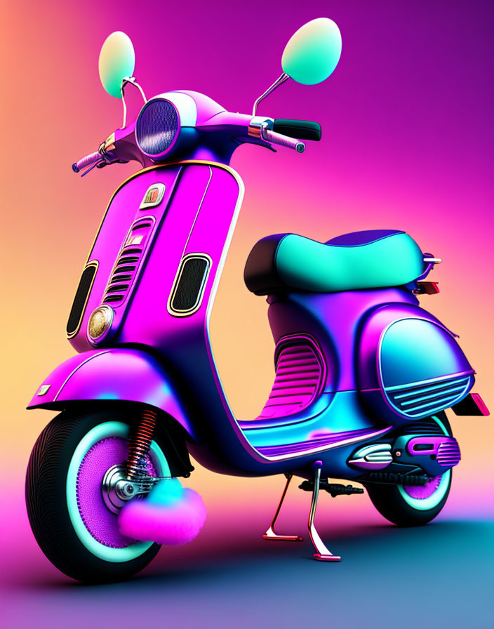 Vibrant Classic Scooter Artwork on Neon Rainbow Background