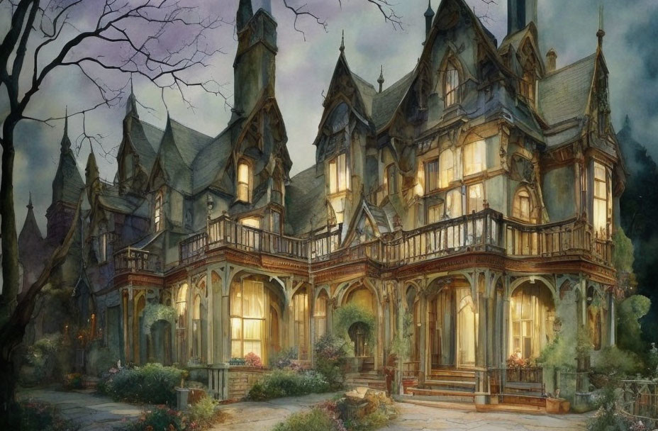 Victorian mansion at twilight with warmly lit windows