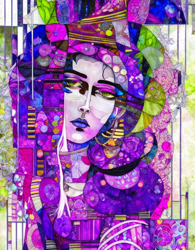 Vibrant abstract portrait of female figure with purple, pink, and yellow hues